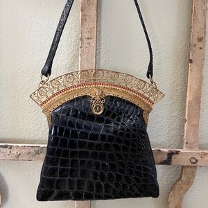 PURUTI Handmade Vintage Black Crocodile Leather Evening Bag